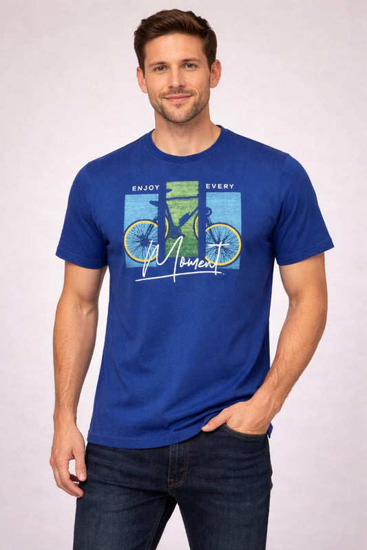 Man wearing a blue t-shirt with a graphic design and text on a white background